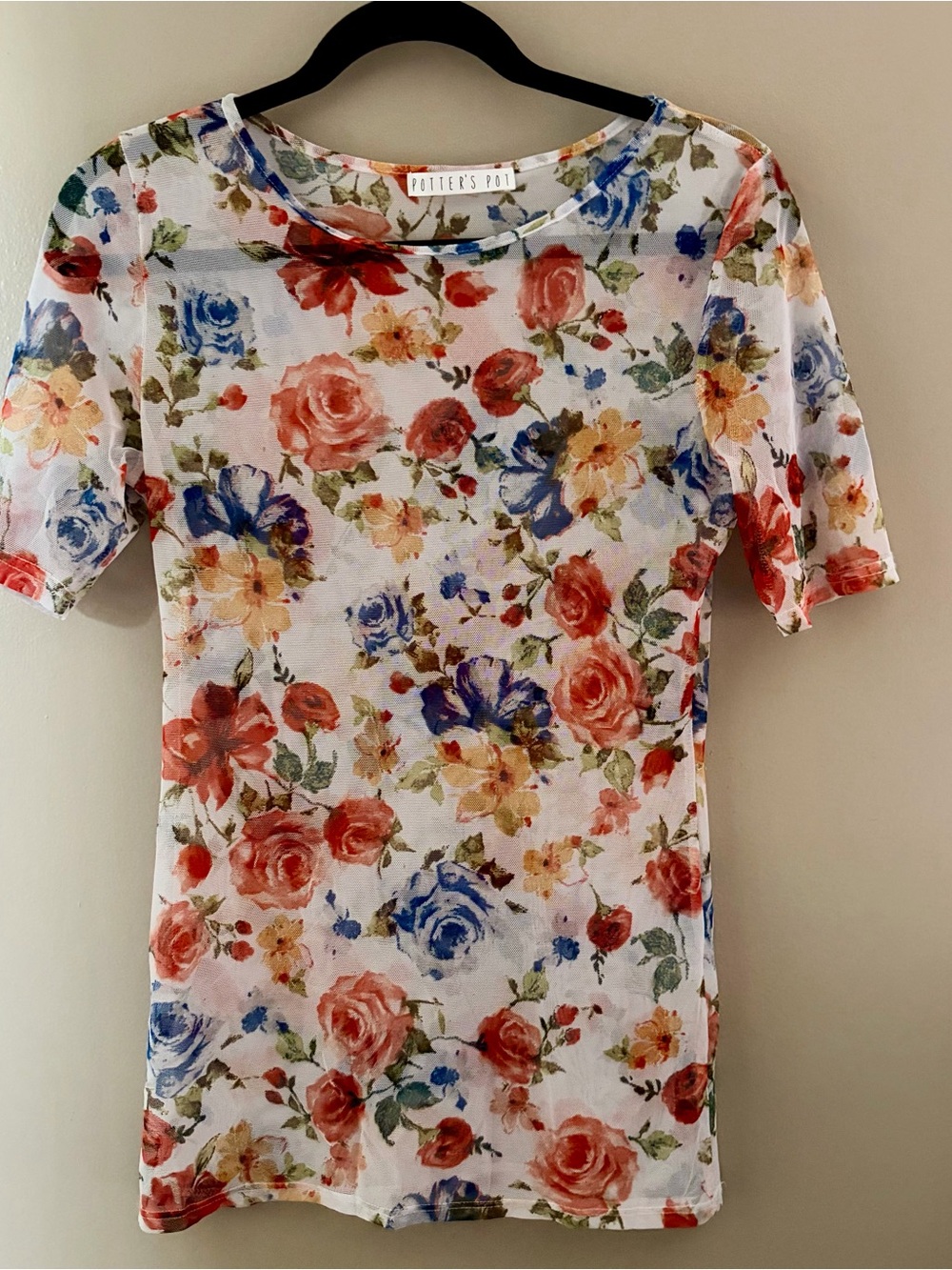 Cottagecore Floral Mesh Short Sleeve Top Sheer Blouse Size S Small